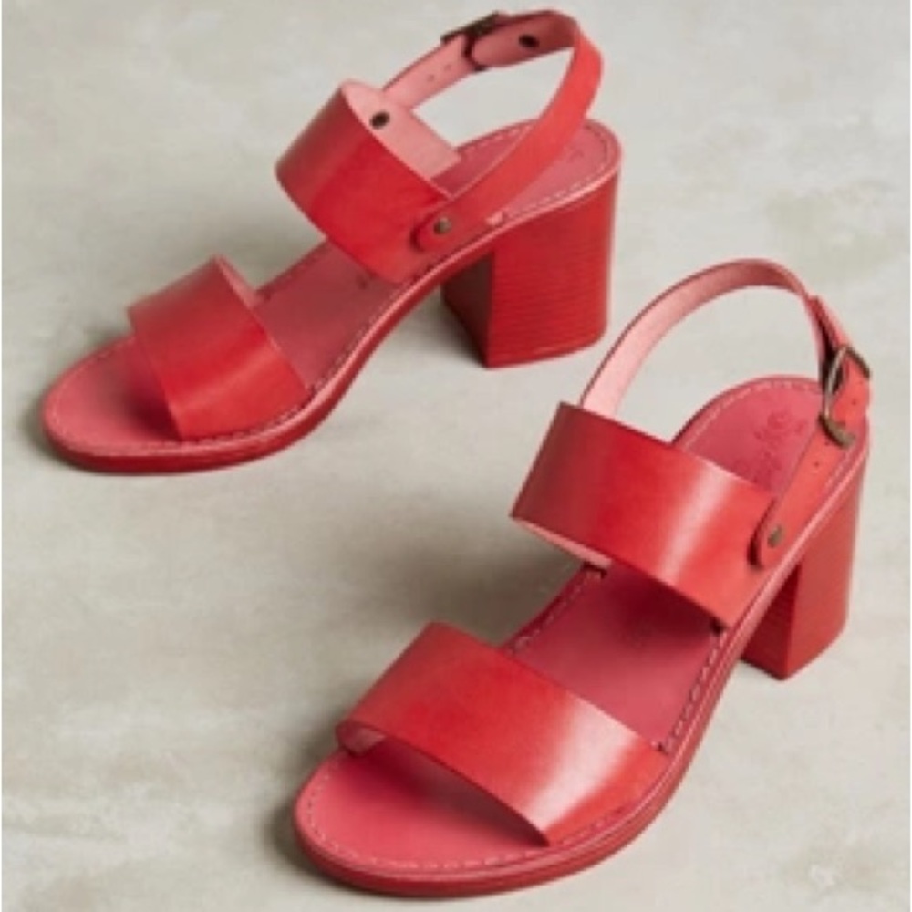 Anthropologie Red Block Heel Leather Sandals